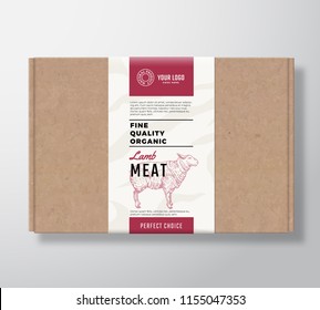 Fine Quality Organic Lamb Craft Cardboard Box. Abstract Vector Meat Paper Container with Label Cover. Packaging Design. Modern Typography and Hand Drawn Sheep Silhouette Background Layout. Isolated.