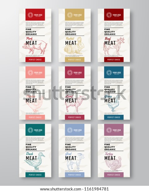 Fine Quality Organic Meat and Poultry Vertical\
Labels Set. Abstract Vector Packaging Design. Modern Typography and\
Hand Drawn Pig, Cow and Other Farm Animals Silhouette Background\
Layouts. Isolated.