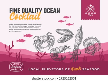 Fine Quality Organic Ocean Cocktail. Abstract Vector Food Packaging Design or Label. Modern Typography and Hand Drawn Seafood Silhouettes. Sea Bottom Landscape Background Layout with Banner.