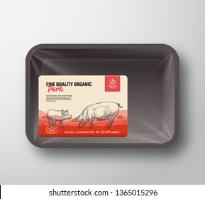 Fine Quality Organic Pork. Abstract Vector Meat Plastic Tray Container with Cellophane Cover. Packaging Design Label. Hand Drawn Pig and Piglet Silhouettes Background Layout. Isolated.