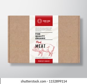 Fine Quality Organic Pork Craft Cardboard Box. Abstract Vector Meat Paper Container with Label Cover. Packaging Design. Modern Typography and Hand Drawn Pig Silhouette Background Layout. Isolated.