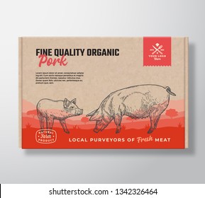 Fine Quality Organic Pork. Vector Meat Packaging Label Design on a Craft Cardboard Box Container. Modern Typography and Hand Drawn Pig and Piggy Silhouettes. Rural Pasture Landscape Background Layout.