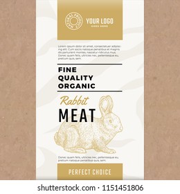 Fine Quality Organic Rabbit. Abstract Vector Meat Packaging Design or Label. Modern Typography and Hand Drawn Hare Silhouette. Craft Paper with Meat Texture Background Layout.