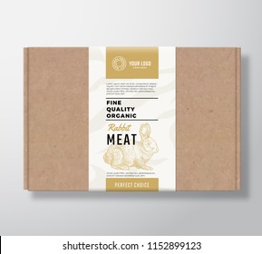 Fine Quality Organic Rabbit Craft Cardboard Box. Abstract Vector Meat Paper Container with Label Cover. Packaging Design. Modern Typography and Hand Drawn Hare Silhouette Background Layout. Isolated.