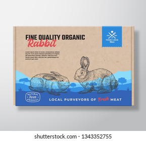 Fine Quality Organic Rabbit. Vector Meat Packaging Label Design on a Craft Cardboard Box Container. Modern Typography and Hand Drawn Rabbits Silhouettes. Rural Pasture Landscape Background Layout.