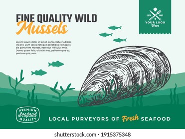 Fine Quality Organic Seafood. Abstract Vector Food Packaging Design or Label. Modern Typography and Hand Drawn Mussel and Fishes Silhouettes. Sea Bottom Landscape Background Layout with Banner.