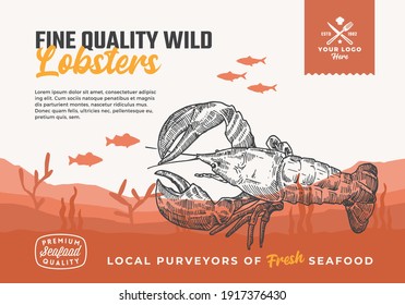 Fine Quality Organic Seafood. Abstract Vector Food Packaging Design or Label. Modern Typography and Hand Drawn Lobster and Fishes Silhouettes. Sea Bottom Landscape Background Layout with Banner.