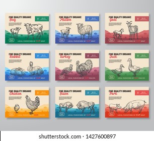 Fine Quality Organic Vector Meat Packaging Label Design Collection. Modern Typography and Hand Drawn Domestic Animals Silhouettes. Rural Pasture Landscape Background Layouts Set. Isolated.