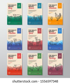 Fine Quality Organic Vector Meat Packaging Vertical Label Design Collection. Modern Typography and Hand Drawn Domestic Animals Silhouettes. Rural Pasture Landscape Background Layouts Bundle. Isolated.