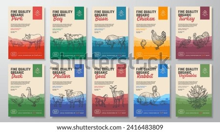 Fine Quality Organic Vector Meat Packaging Vertical Label Design Collection. Modern Typography and Hand Drawn Domestic Animals Silhouettes. Rural Pasture Landscape Background Layouts Bundle. Isolated