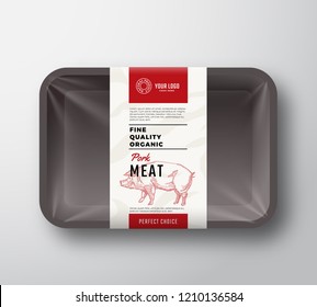 Fine Quality Pork Meat. Abstract Vector Plastic Tray Container With Cellophane Cover. Packaging Design Label. Modern Typography And Hand Drawn Pig Sketch Background Layout. Isolated.