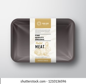 Fine Quality Rabbit Meat. Abstract Vector Plastic Tray Container with Cellophane Cover. Packaging Design Label. Modern Typography and Hand Drawn Rabbit Sketch Background Layout. Isolated.