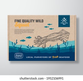 Fine Quality Seafood Cardboard Box. Abstract Vector Food Packaging Label Design. Modern Typography and Hand Drawn Squid and Fishes Silhouettes. Sea Bottom Landscape Background Layout with Banner.