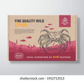 Fine Quality Seafood Cardboard Box. Abstract Vector Food Packaging Label Design. Modern Typography and Hand Drawn Crab and Fishes Silhouettes. Sea Bottom Landscape Background Layout with Banner.