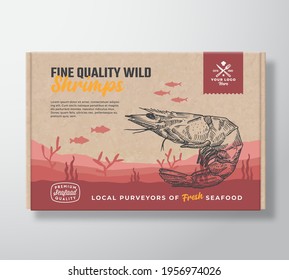 Fine Quality Seafood Cardboard Box. Abstract Vector Food Packaging Label Design. Modern Typography and Hand Drawn Shrimp and Fishes Silhouettes. Sea Bottom Landscape Background Layout with Banner.