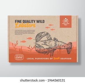 Fine Quality Seafood Cardboard Box. Abstract Vector Food Packaging Label Design. Modern Typography and Hand Drawn Lobster and Fishes Silhouettes. Sea Bottom Landscape Background Layout with Banner.