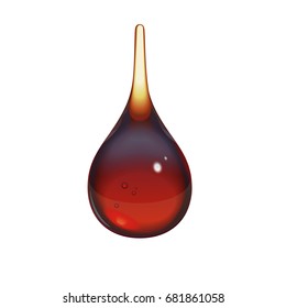 Fine realistic drop of black tea. Reddish brown diaphanous droplet of a strong brewed invigorating drink. Vector 3d isolated object. Useful for promo of tea, cola, juice, dark beer, liquor, tincture.