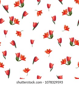 Fine seamless floral pattern with tulips. Elegant red flowers scattered randomly on a white background.Vector for fashion prints, textiles, wallpapers, tiles, paper.