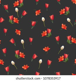 Fine seamless floral pattern with tulips. Elegant red and white flowers are scattered randomly on a dark background.Vector for fashion prints, textiles, wallpapers, tiles, paper.