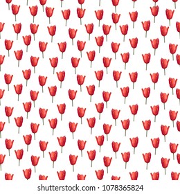 Fine seamless floral pattern with tulips. Elegant red flowers are scattered vertically on a white background.Vector for fashion prints, textiles, wallpapers, tiles, paper.
