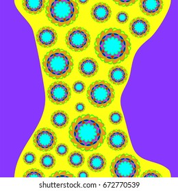 Fine seamless pattern with abstract flowers on violet-yellow background. Items placement chaotic.