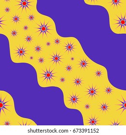 Fine seamless pattern with abstract flowers on violet-yellow background. Items placement chaotic.