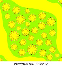 Fine seamless pattern with abstract flowers on yellow-green background. Items placement chaotic.