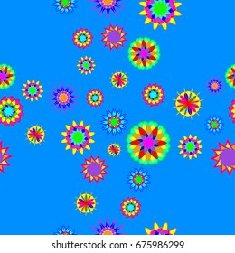 Fine seamless pattern with abstract flowers on blue background. Items placement chaotic.