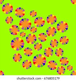 Fine seamless pattern with abstract flowers on green background. Items placement chaotic.