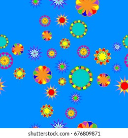 Fine seamless pattern with abstract flowers on blue background. Items placement chaotic.
