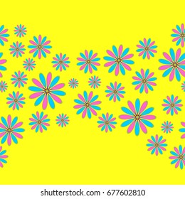 Fine seamless pattern with abstract flowers on yellow background. Items placement chaotic.