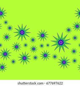 Fine seamless pattern with abstract flowers on green background. Items placement chaotic.