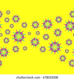 Fine seamless pattern with abstract flowers on yellow background. Items placement chaotic.