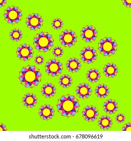 Fine seamless pattern with abstract flowers on green background. Items placement chaotic.