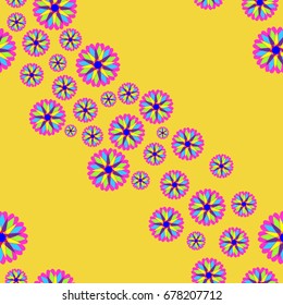 Fine seamless pattern with abstract flowers on orange background. Items placement chaotic.