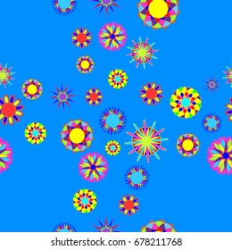 Fine seamless pattern with abstract flowers on blue background. Items placement chaotic.