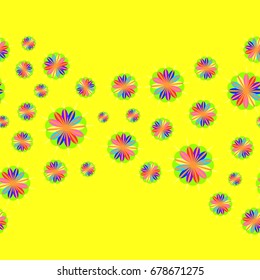 Fine seamless pattern with abstract flowers on yellow background. Items placement chaotic.