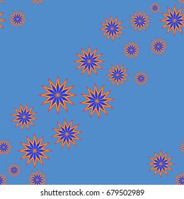 Fine seamless pattern with abstract flowers on blue background. Items placement chaotic.