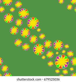 Fine seamless pattern with abstract flowers on green background. Items placement chaotic.