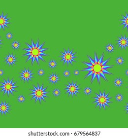 Fine seamless pattern with abstract flowers on green background. Items placement chaotic.