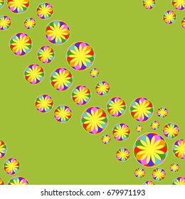 Fine seamless pattern with abstract flowers on green background. Items placement chaotic.
