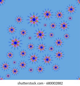 Fine seamless pattern with abstract flowers on azure background. Items placement chaotic.