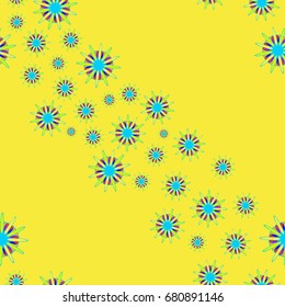 Fine seamless pattern with abstract flowers on yellow background. Items placement chaotic.