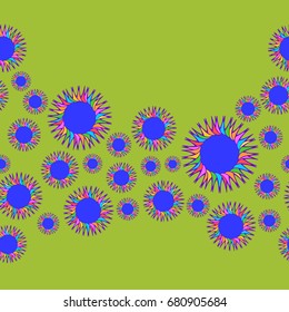 Fine seamless pattern with abstract flowers on green background. Items placement chaotic.