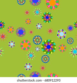 Fine seamless pattern with abstract flowers on green background. Items placement chaotic.