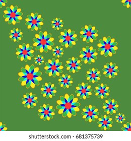 Fine seamless pattern with abstract flowers on green background. Items placement chaotic.
