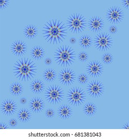 Fine seamless pattern with abstract flowers on azure background. Items placement chaotic.