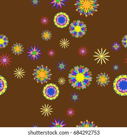 Fine seamless pattern with abstract flowers on brown background. Items placement chaotic.
