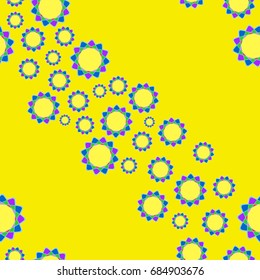 Fine seamless pattern with abstract flowers on yellow background. Items placement chaotic.