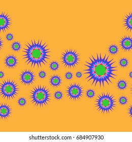 Fine seamless pattern with abstract flowers on orange background. Items placement chaotic.